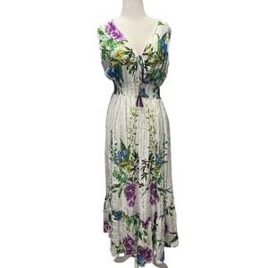 Me 2 Magic Maxi Dress Large White Purple Green Tiered Boho Hippie Cottagecore‎